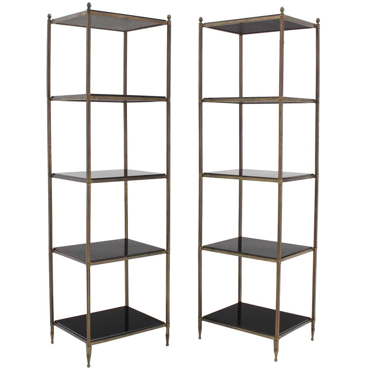 Pair of Brass Etageres with Thick Granite Shelves