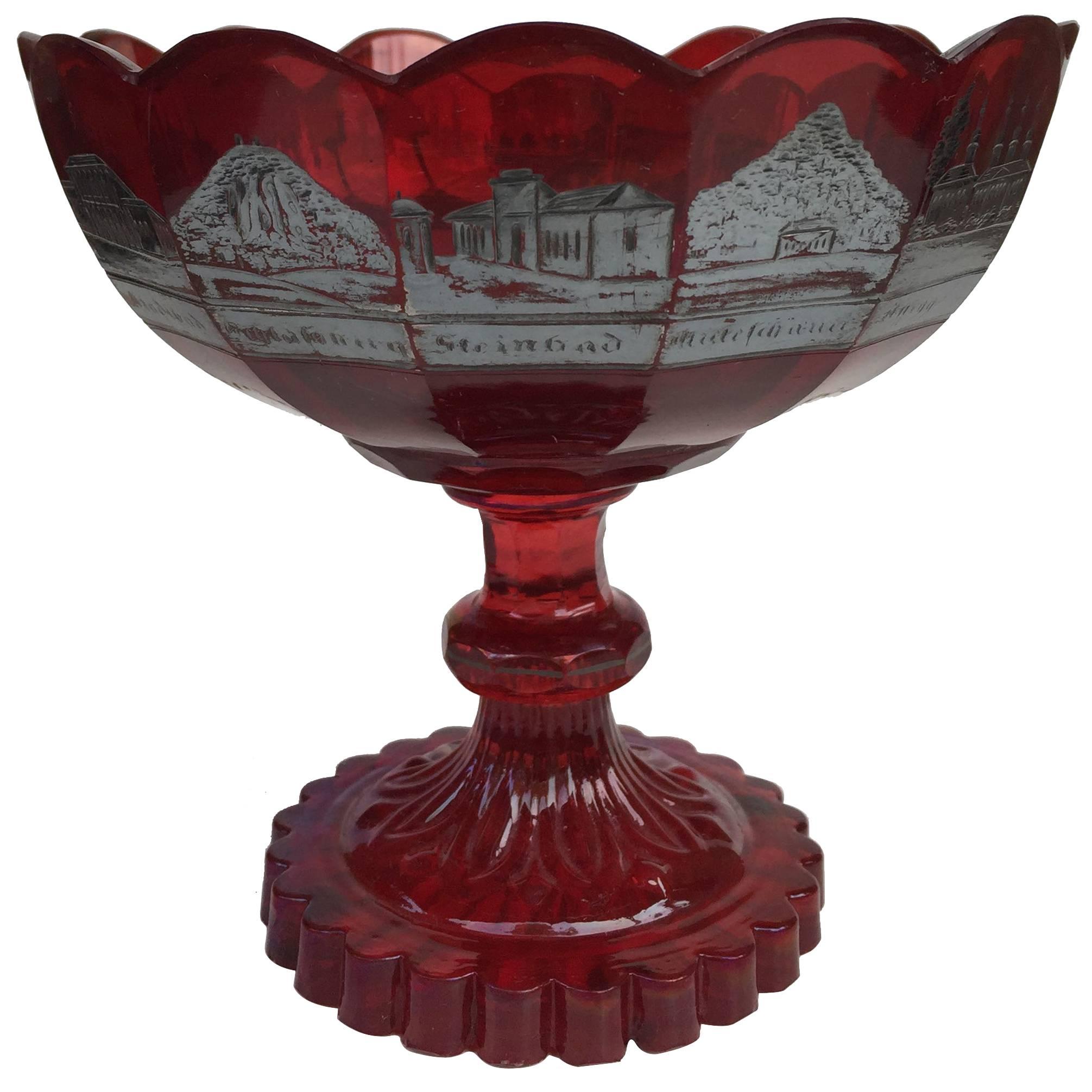 Czech Bohemian Glass Silver-Resist Ruby-Stained Souvenir Compote For Sale