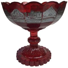 Antique Czech Bohemian Glass Silver-Resist Ruby-Stained Souvenir Compote