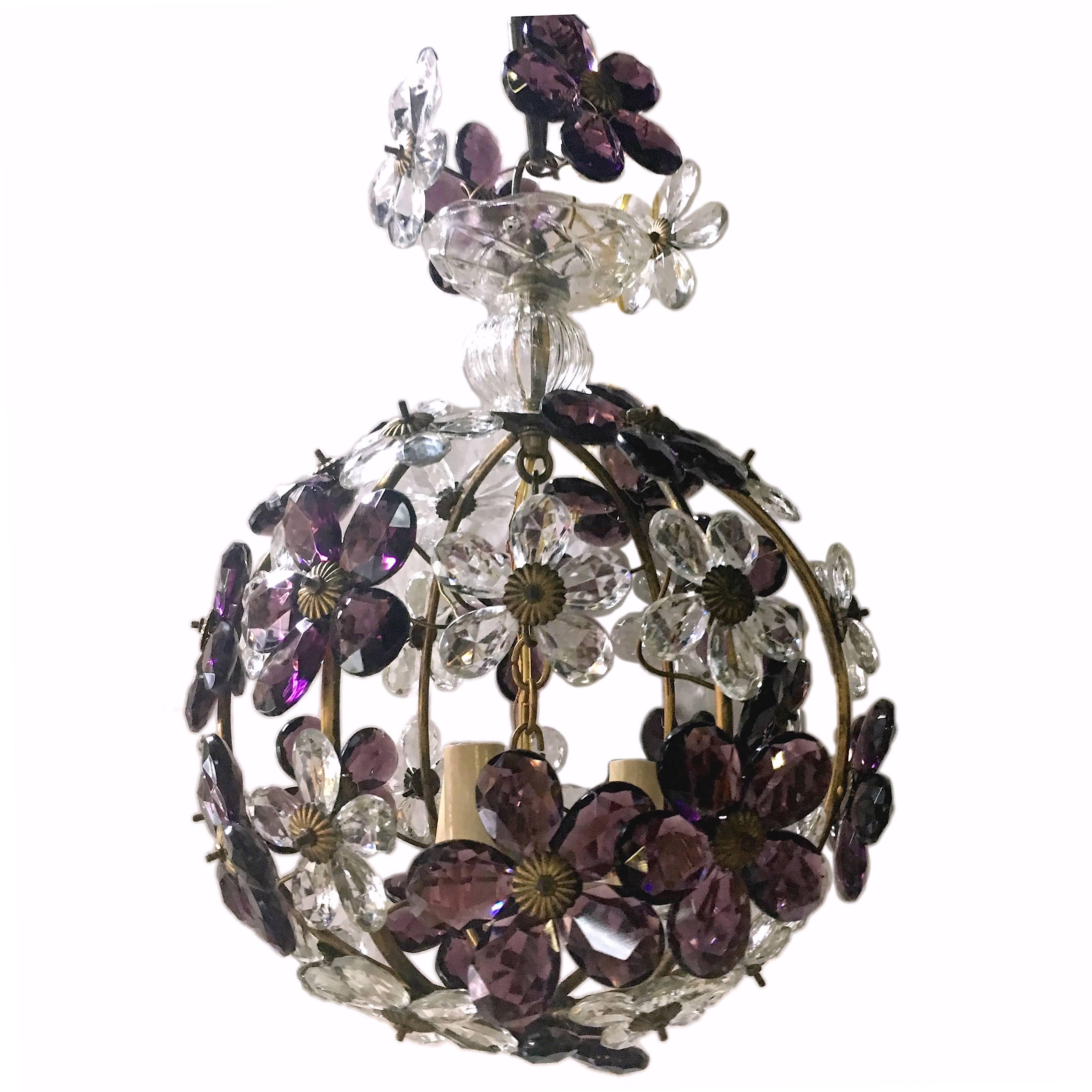 A circa 1940's French gilt metal lantern with amethyst and clear crystal flowers lantern with 3 interior lights. 

Measurements:
Drop: 16