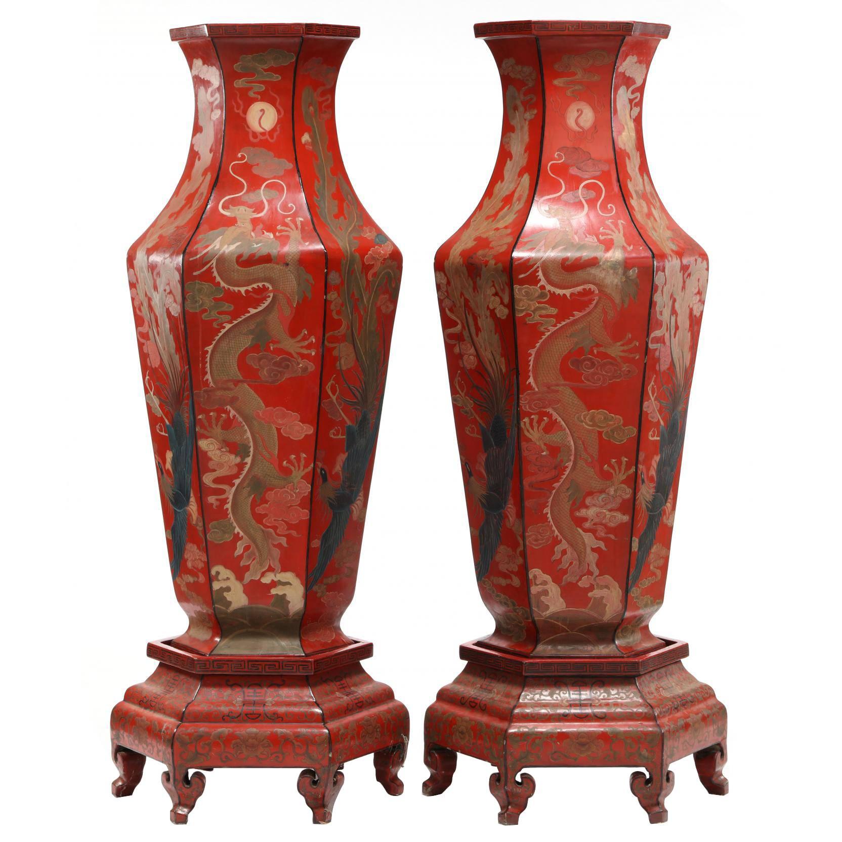 Large Pair of Chinese Red Lacquer Imperial Vases with Painted Dragon on Stands