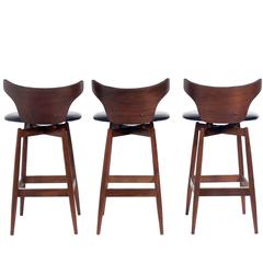 Set of Three Curvaceous Walnut Modern Bar Stools