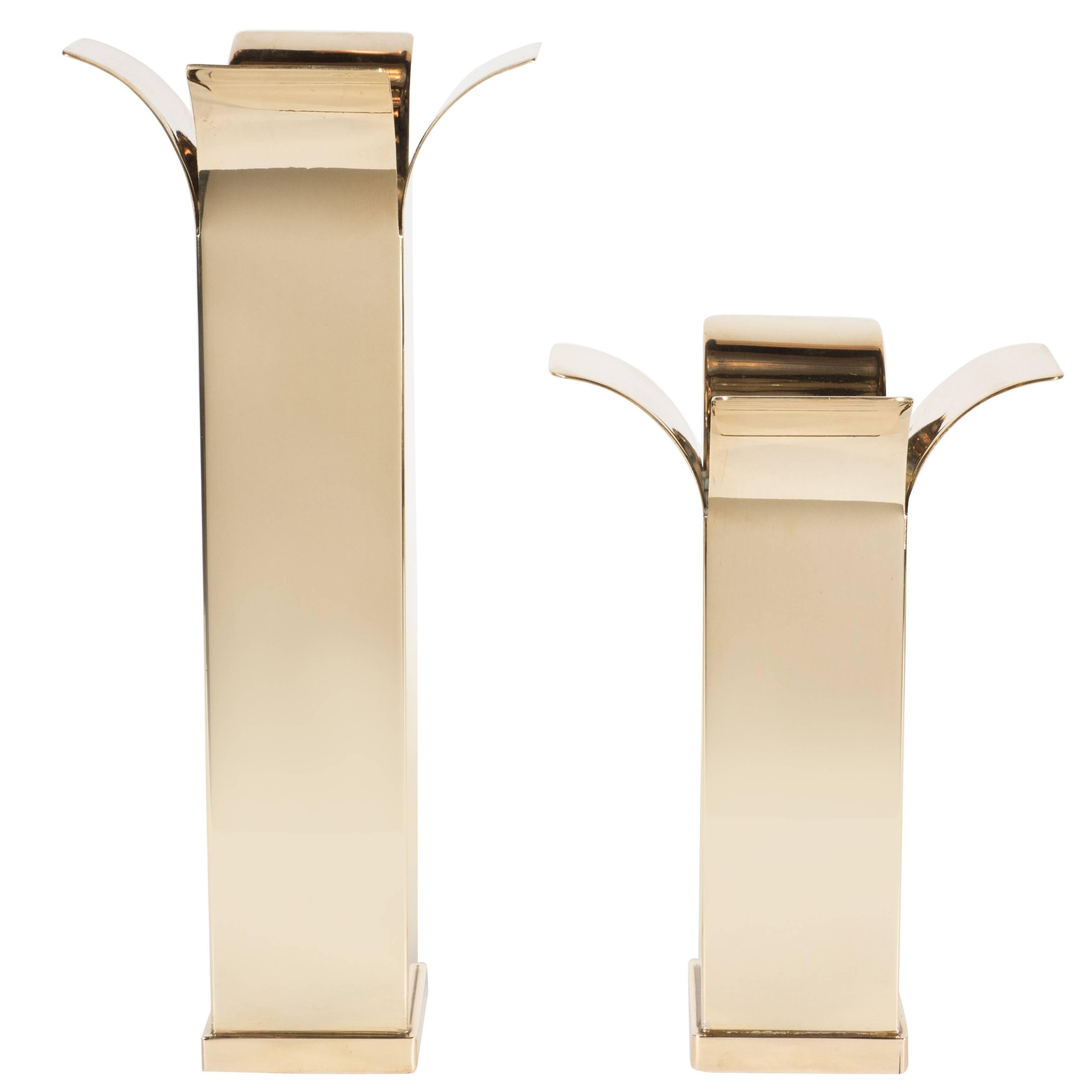Pair of Mid-Century Modernist Polished Brass Candlesticks with Curved Detailing