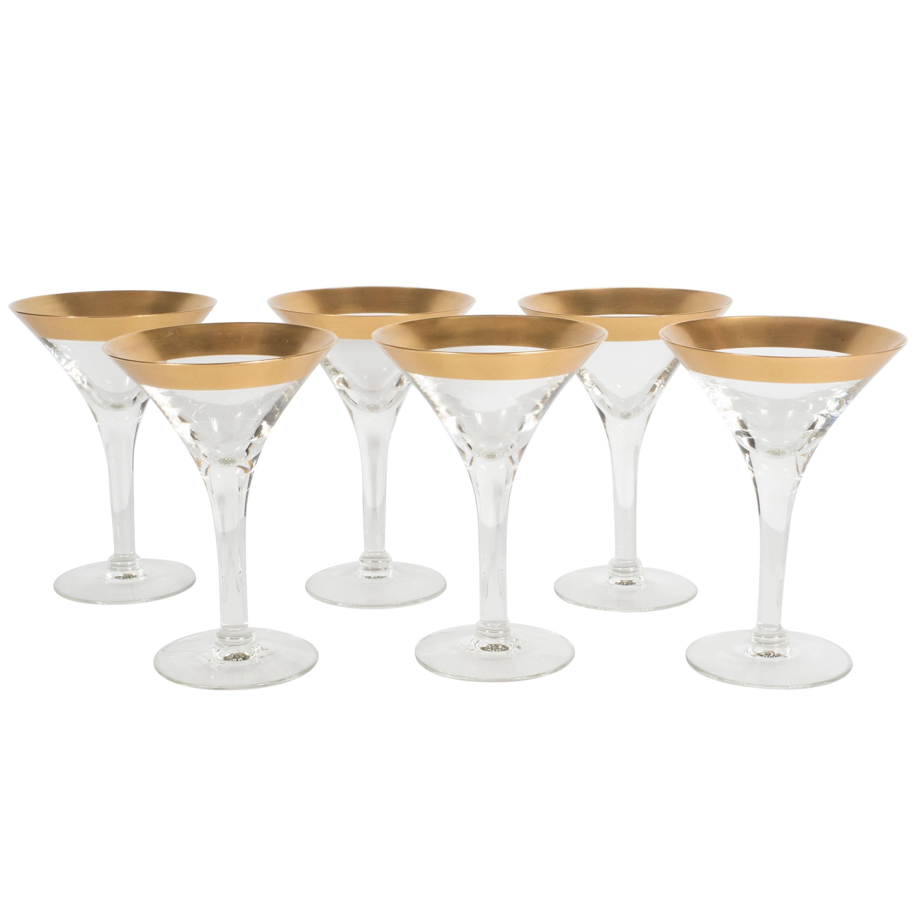 Rare Set of Eight Gold Rimmed Handblown Martini Glasses by Dorothy Thorpe