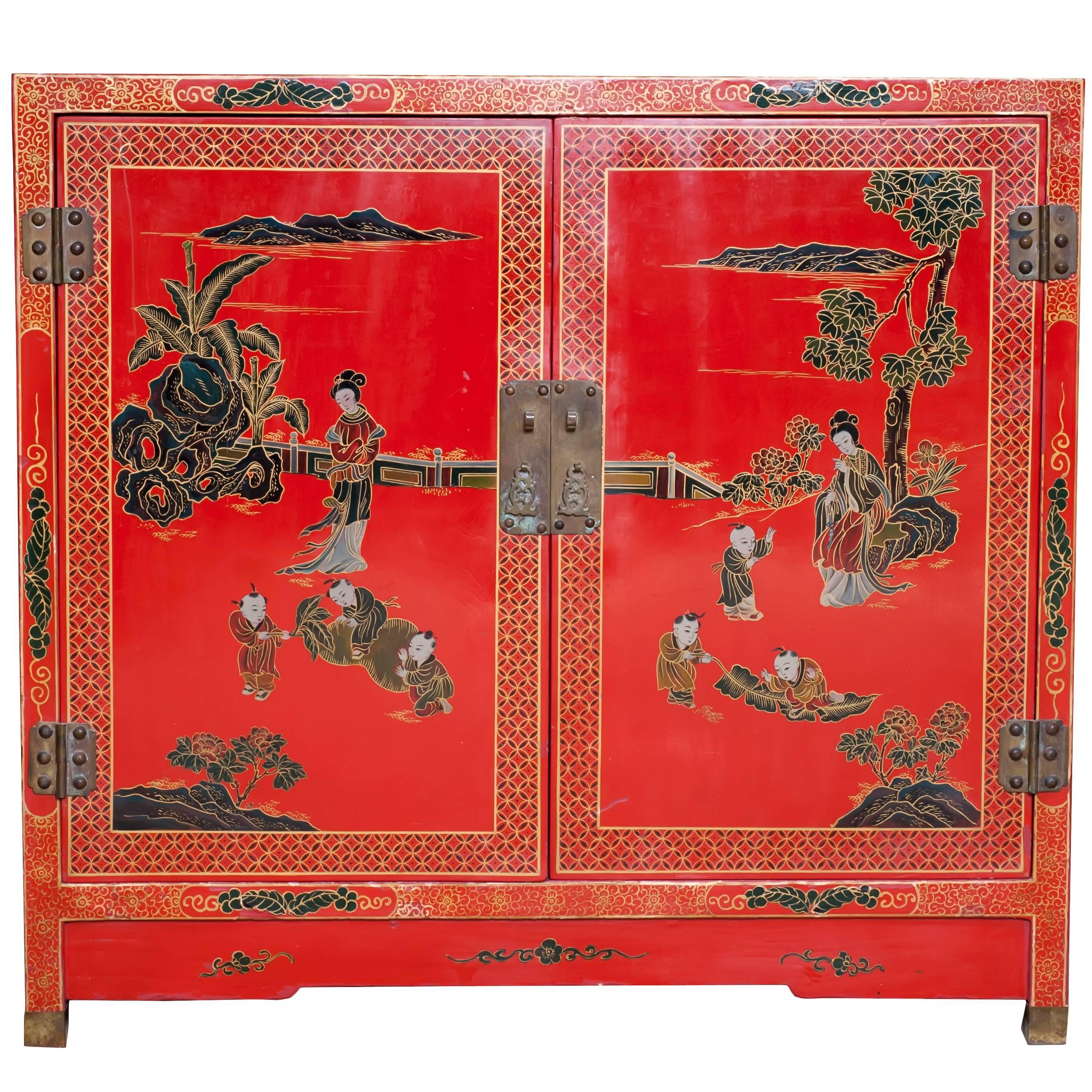 Vintage Asian Red Lacquered Cabinet