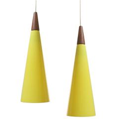Vintage Set of Two Yellow Fog and Morup 'trompet' Pendant Lights, 1960s