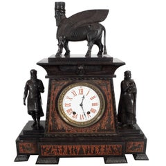Magnificent Bronze-Mounted and Marble Mantel Clock in the Assyrian Revival Style