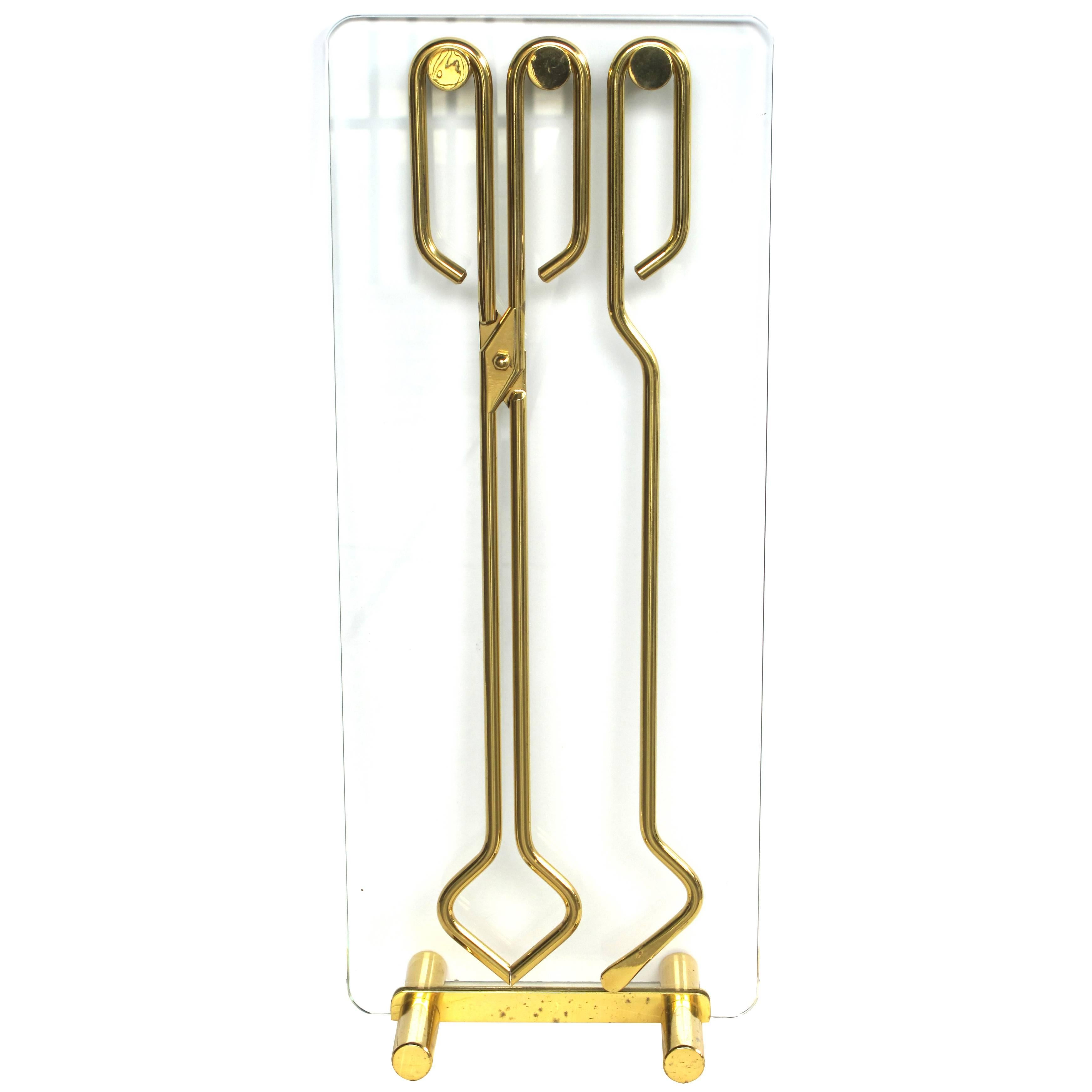 Stylish French Gilt-Metal and Glass Fire-Tool Set, Manner of Jacques Adnet For Sale