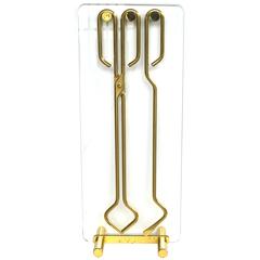 Stylish French Gilt-Metal and Glass Fire-Tool Set, Manner of Jacques Adnet