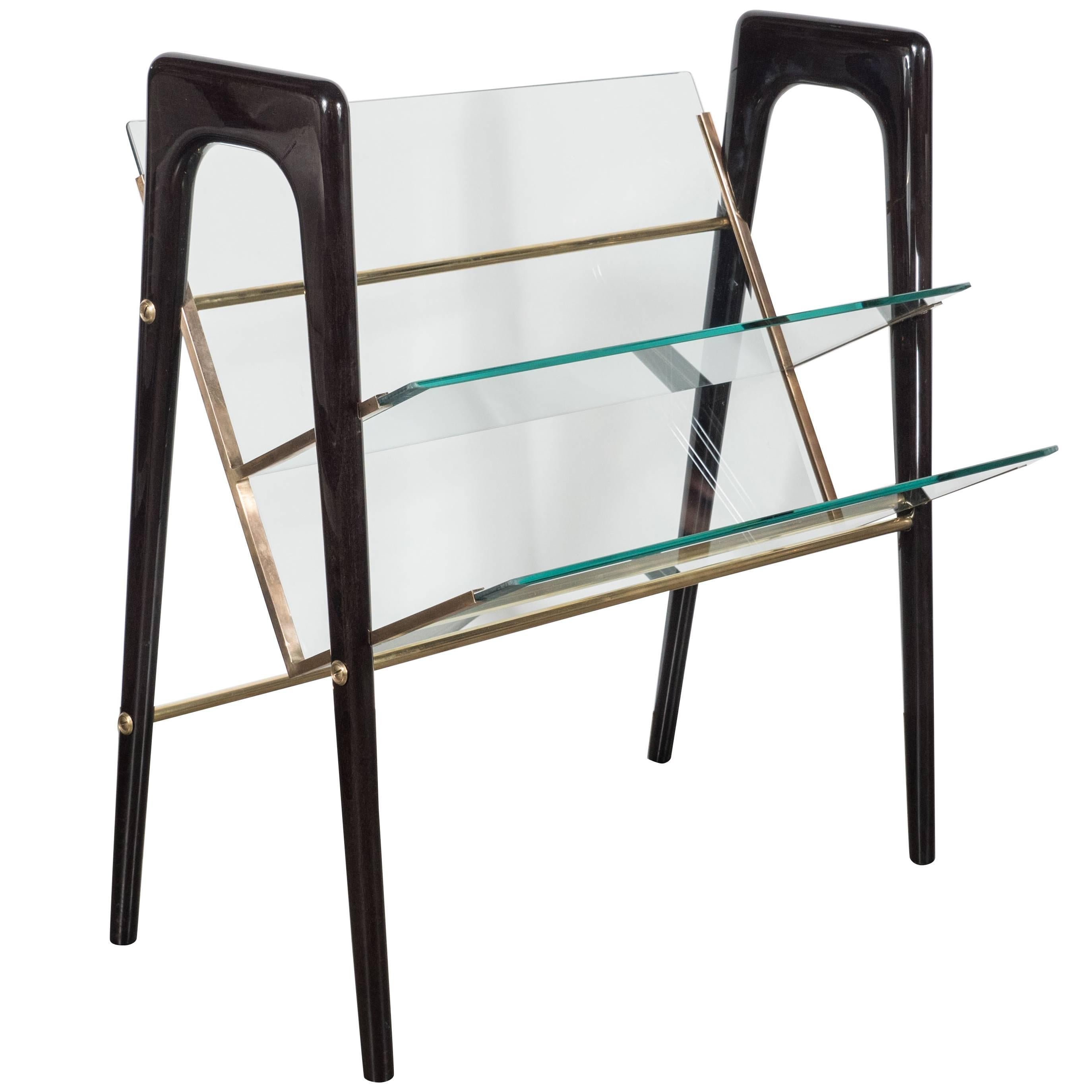 Magazine Stand in Ebonized Walnut, Brass and Glass, in the Manner of Ico Parisi