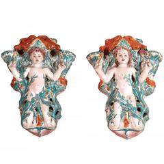 Elegant Pair of Glazed Polychrome Terracotta Sconces "Child Birds", 1946