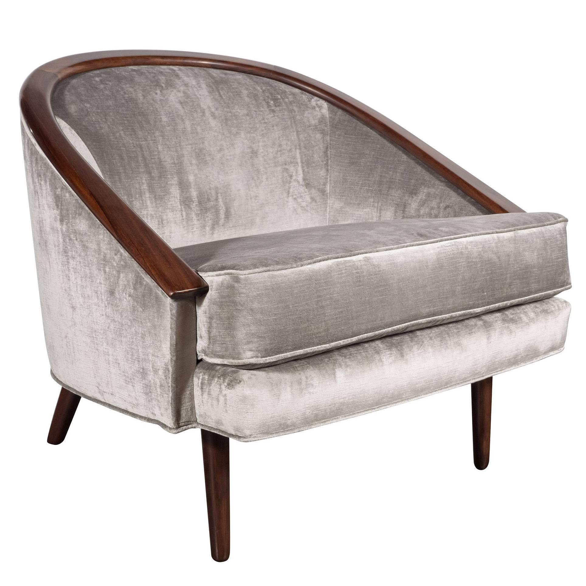 Barrel-Back Club Chair with Walnut Trim and Smoked Platinum Velvet