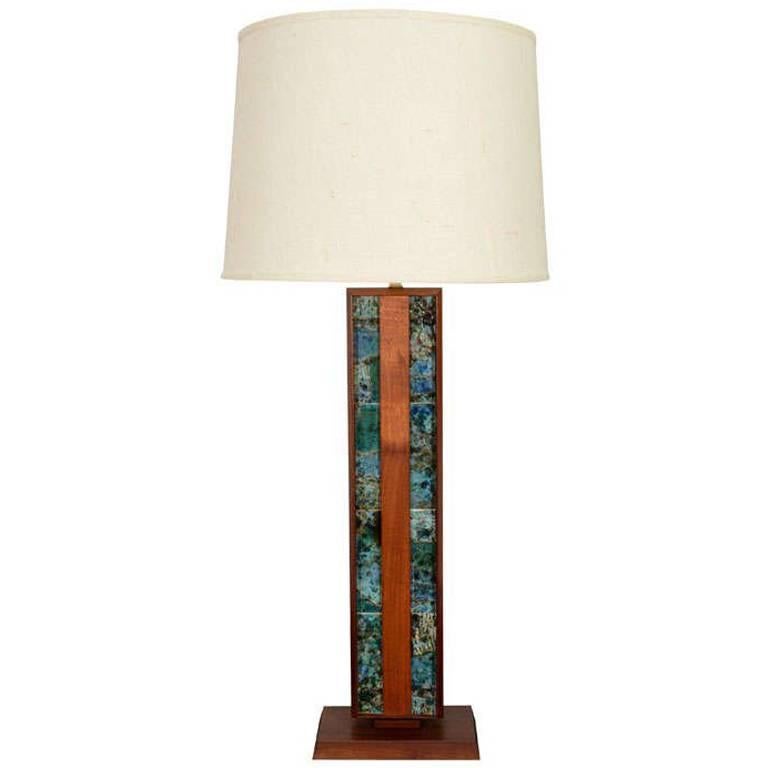 Solid Walnut Table Lamp with Inset Ceramic Tiles