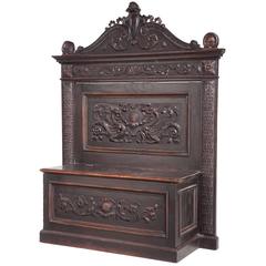 Italian Renaissance Revival Carved Oak Cassapanca Bench, 19th Century 2