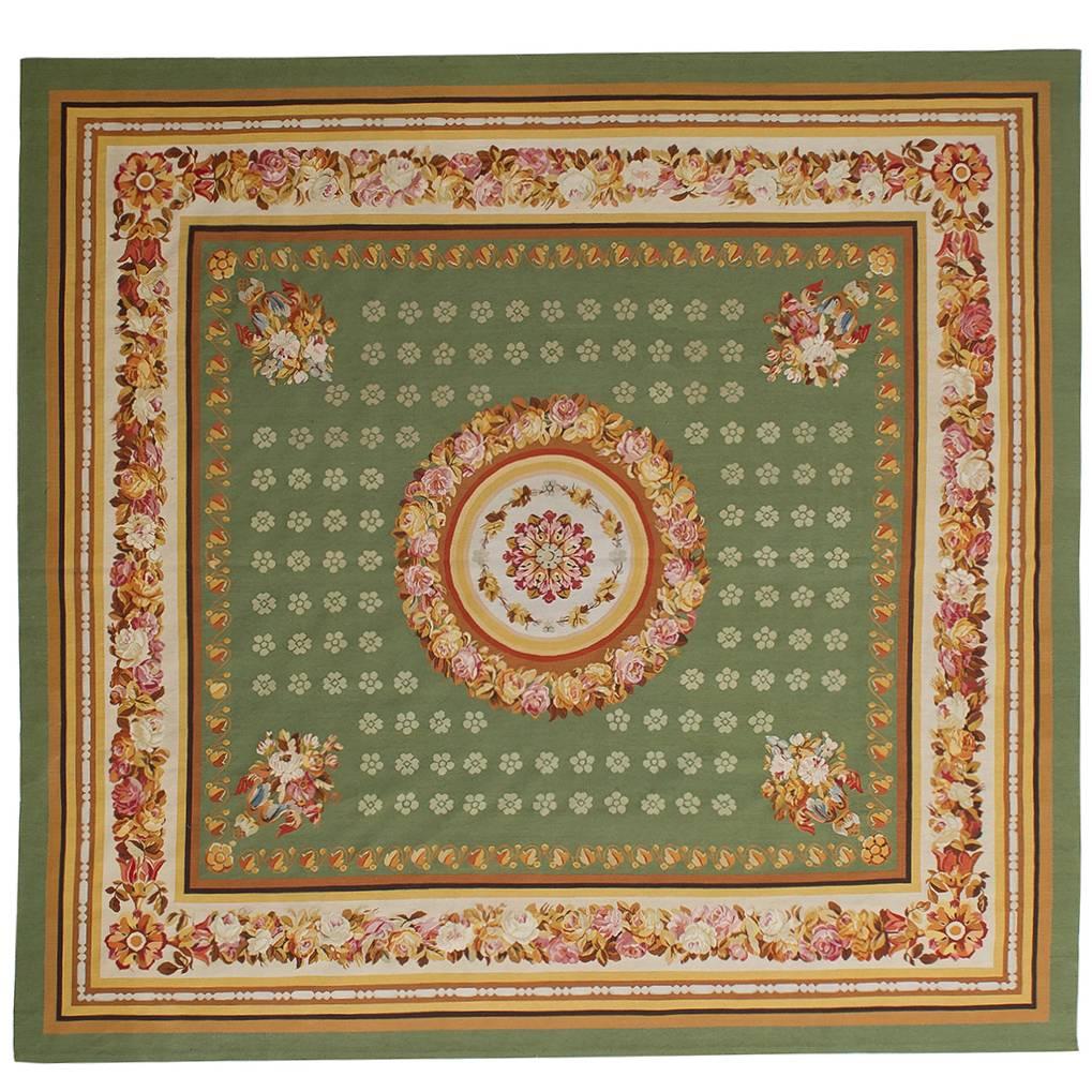 Square Modern Aubusson Green Carpet, not Needle Point For Sale