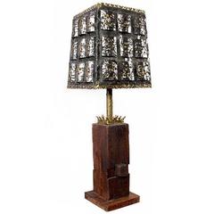 Torch Cut Brutalist Table Lamp with Nakashima Style Wood Base 12