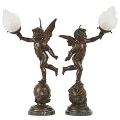 Pair of French Antique Bronze Table Lamps with Cherubs 12