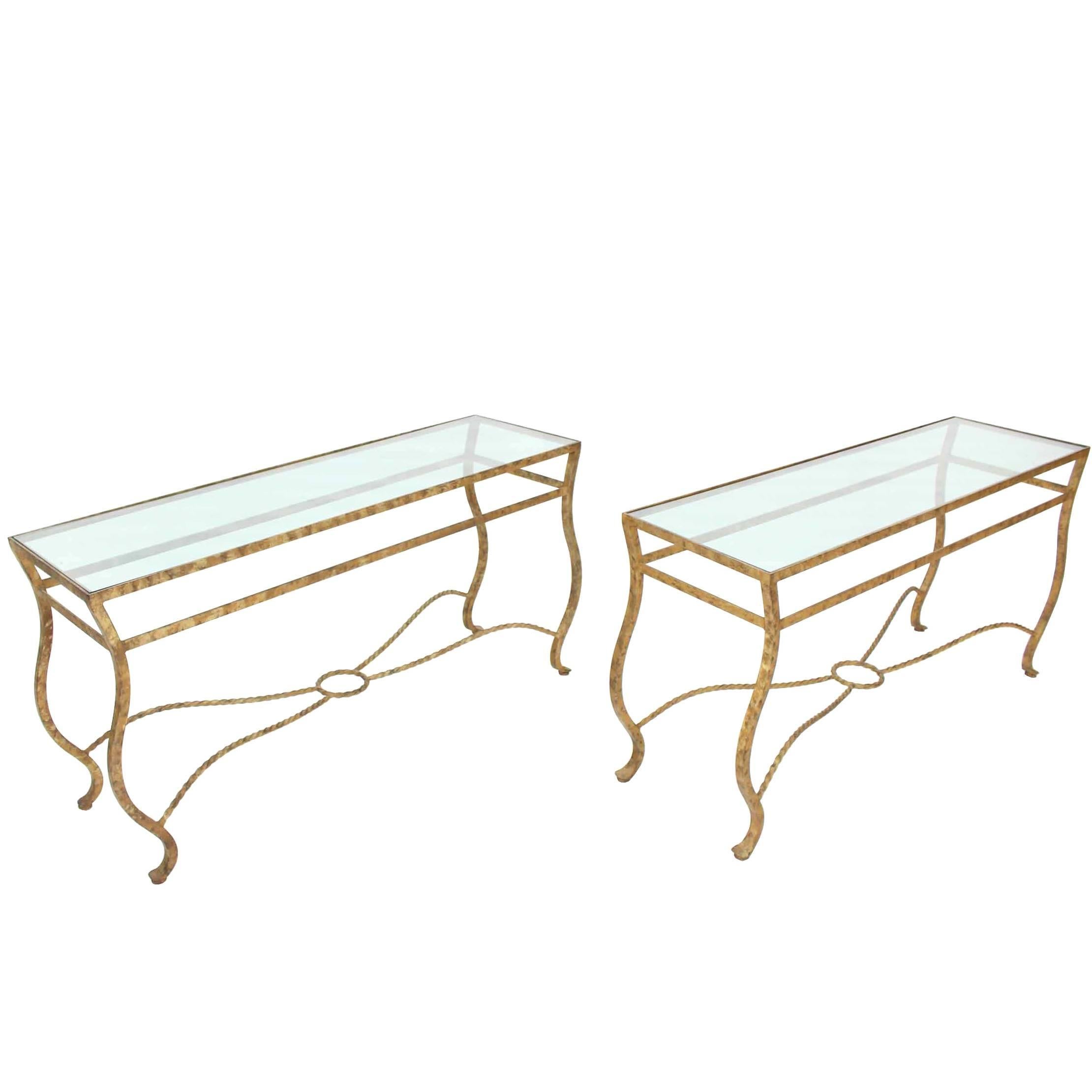 Pair of Ornate Gold Finish Console Tables For Sale