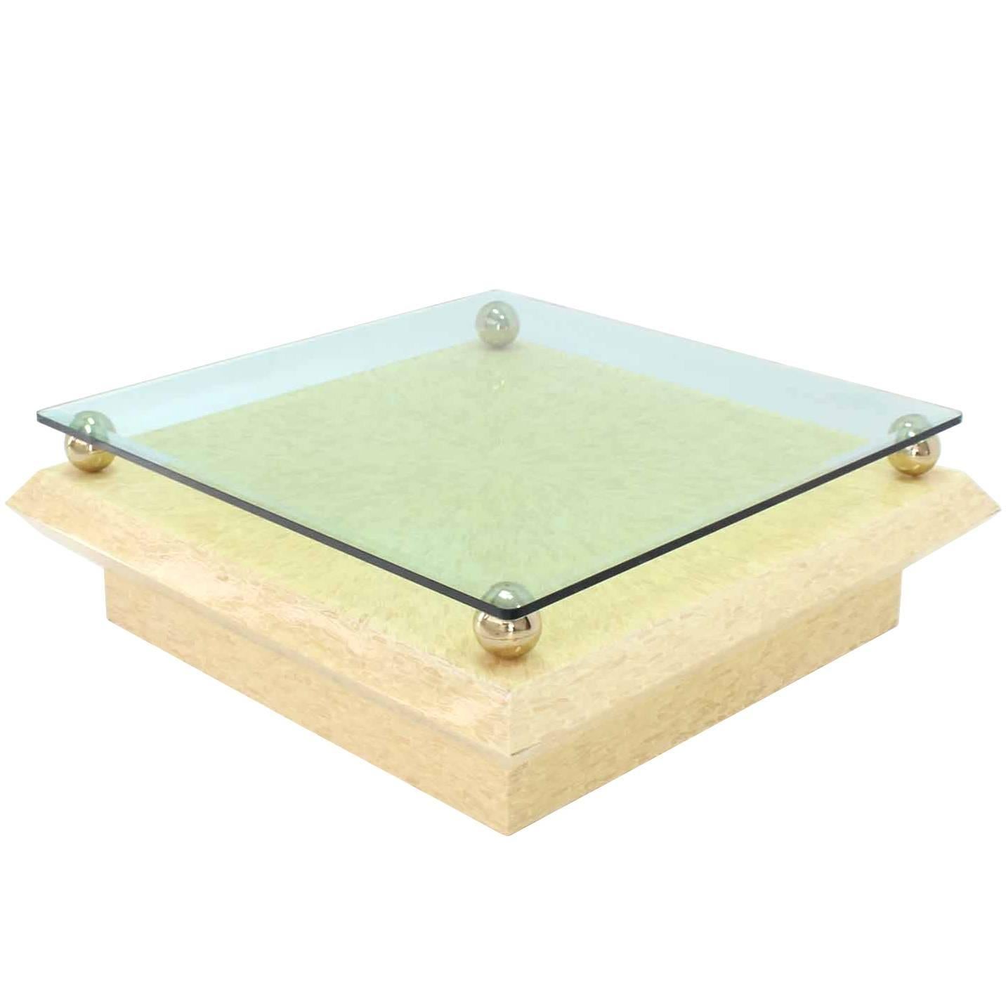 Glass Top Horn Tile Base Square Floating 3/4" Glass Top Coffee Table For Sale