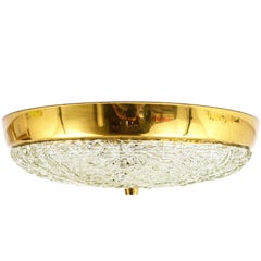 Round Kalmar Mid-Century Brass and Textured Glass Flush Mount, Austria, 1950s