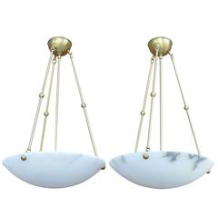 Pair of Dome Alabaster and Brass Chandeliers by Nessen, 20th Century