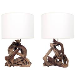 Pair of Sculptural Driftwood Lamps