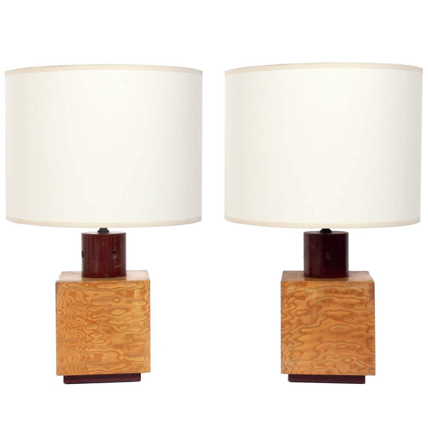 Pair of Burl Wood Cube Lamps by Andrew Szoeke