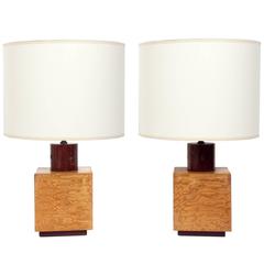 Pair of Burl Wood Cube Lamps by Andrew Szoeke 7