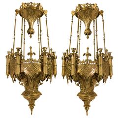 Pair of Fine Gilt Bronze Gothic Chandeliers