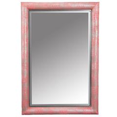 Contemporary Croc Pattern Watermelon Pink Dyed Cowhide Framed Mirror 2