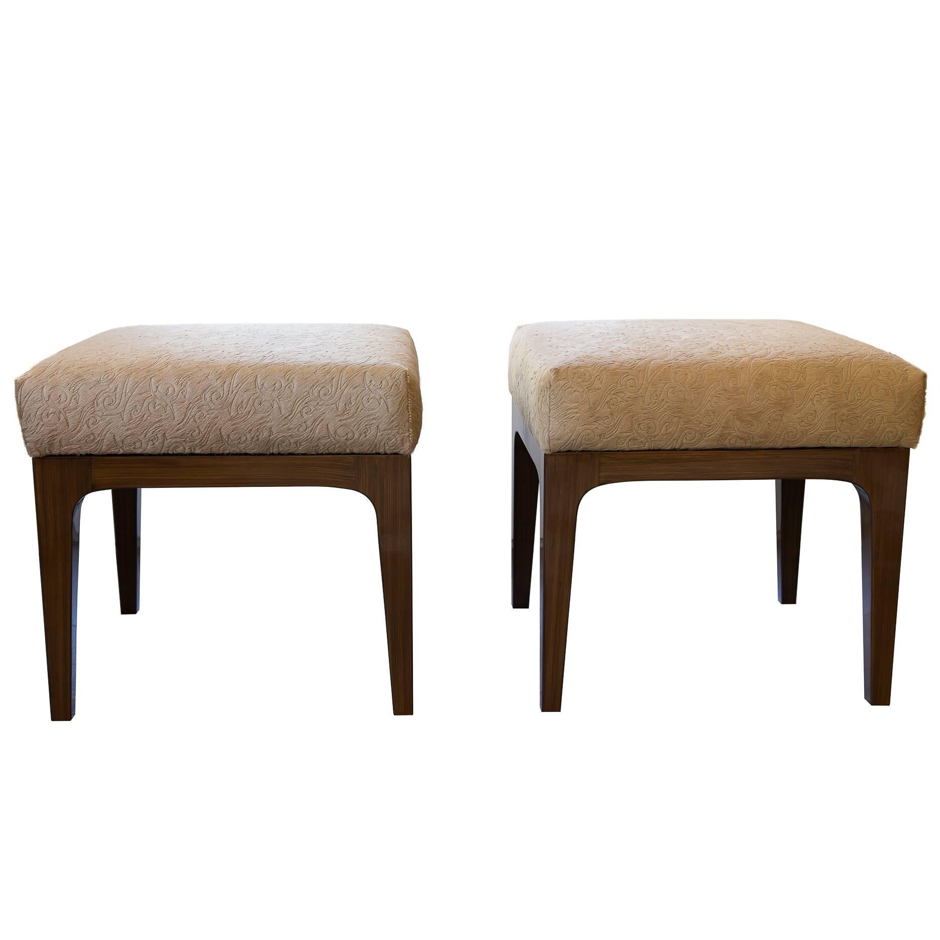 Pair of Mid-Century Modern Style Laser Cut Floral Pattern Cowhide Ottomans For Sale