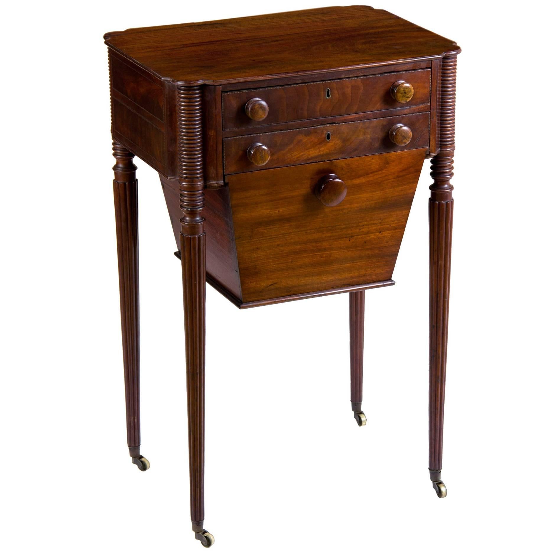 Classical Sheraton Mahogany Worktable Reeded Legs, Seymour or Circle, circa 1805 For Sale