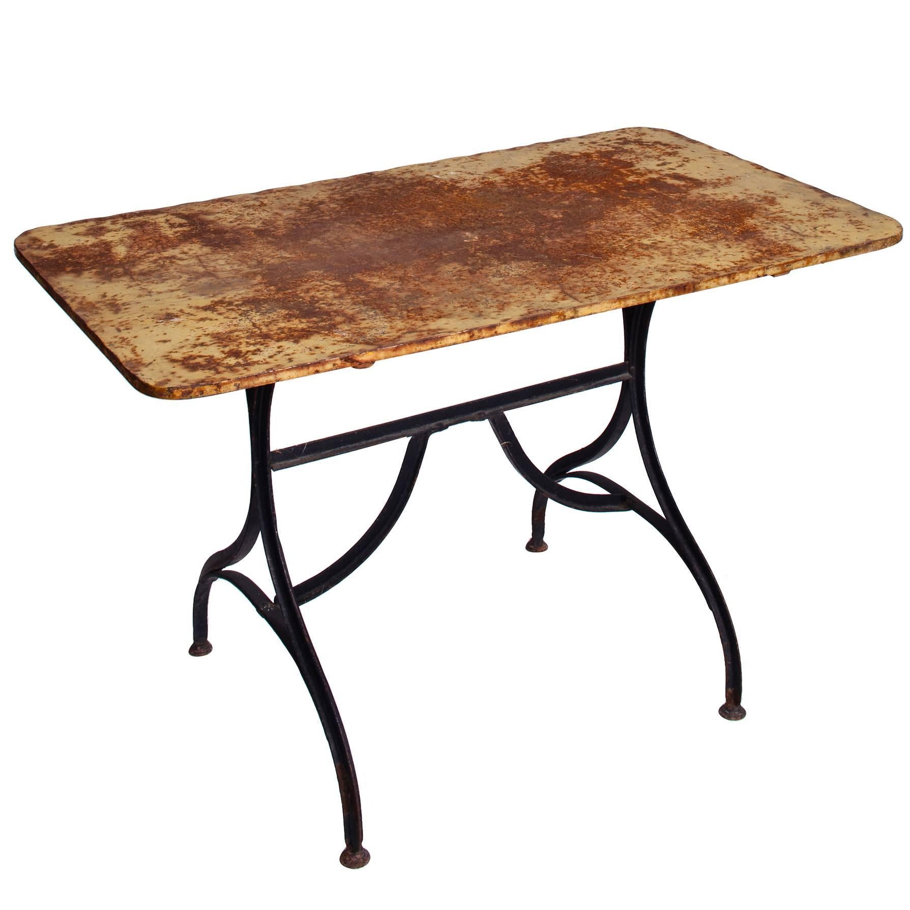 Late 19th Century Yellow Garden Table with Natural Patina on Iron Trestle Base