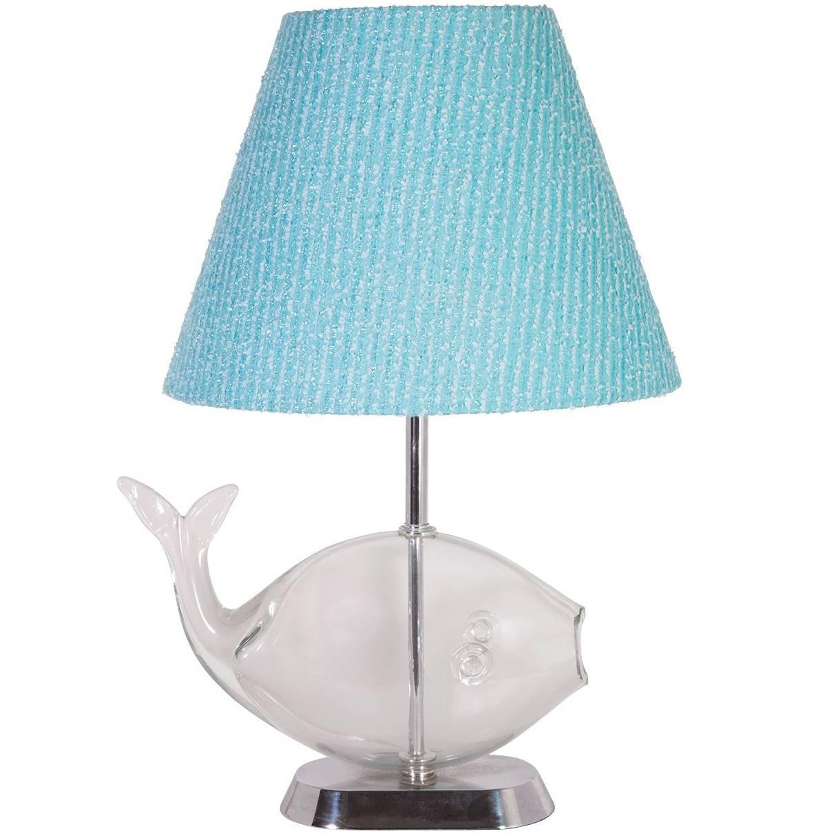 Glass Fish Table Lamp with Custom Blue Tweed Lampshade For Sale