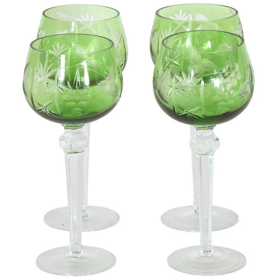 Set of Four Emerald Etched Glass Goblets For Sale