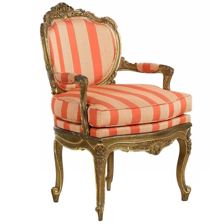 French Louis Xv Style Polychromed And Gilded Carved Antique Armchair