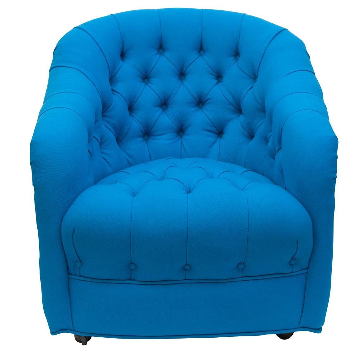 Tufted swivel side chairs in Turquoise wool, pair.

New upholstery.