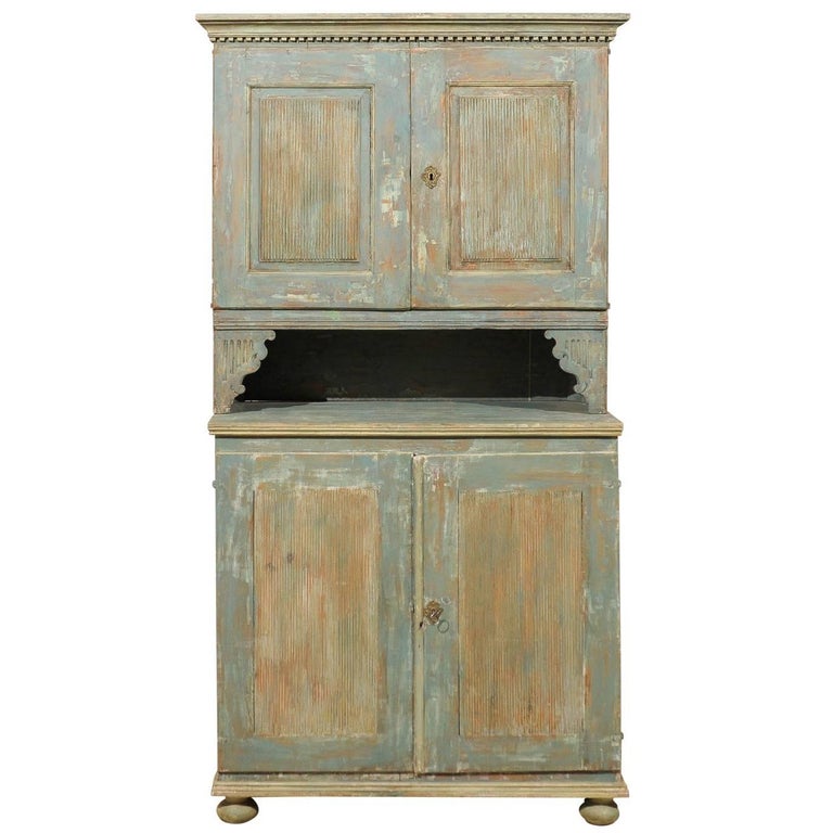 An 18th C. Swedish Late Gustavian Wood Cabinet with Original Green Yellow Paint For Sale