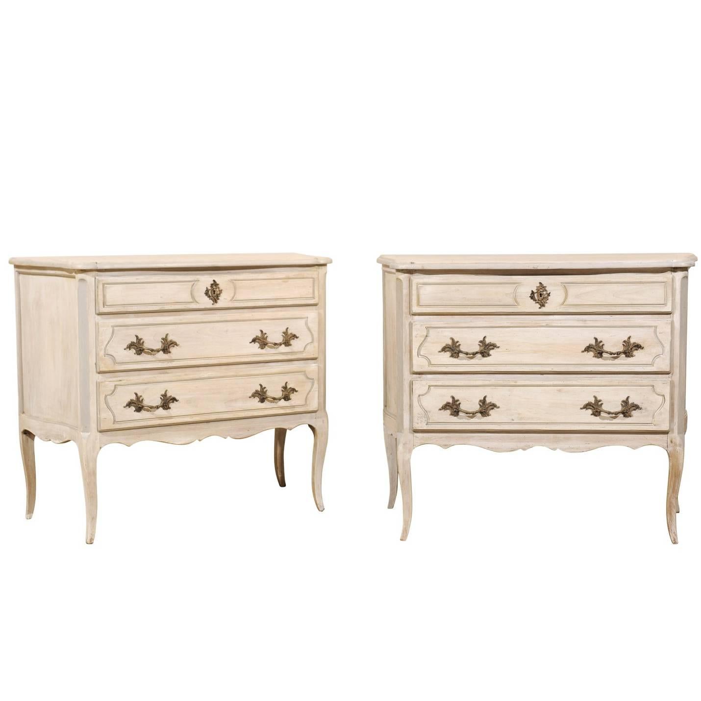 Pair of Vintage Three-Drawer Raised Chests, American with Rococo Style Hardware