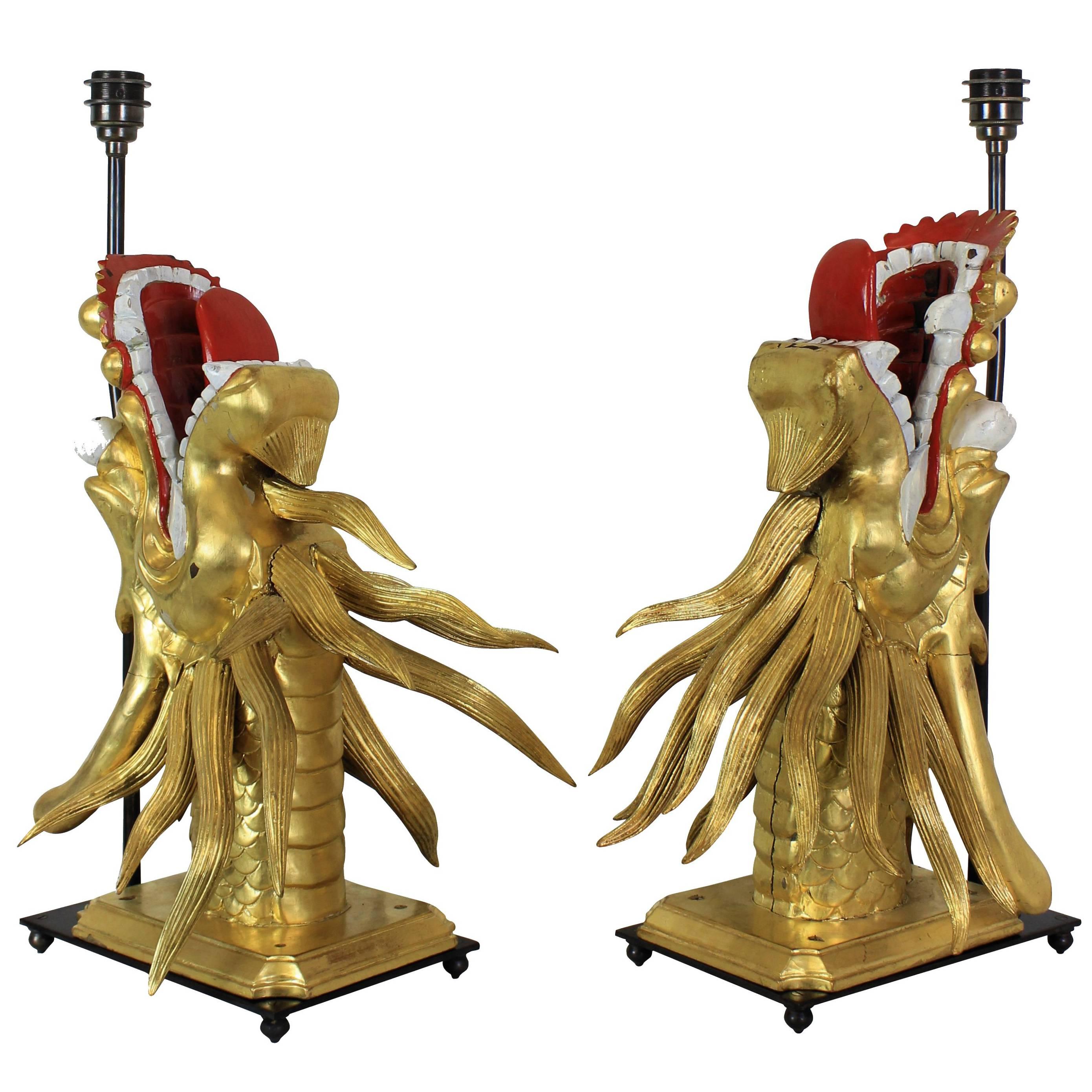 Pair of 19th Century Carved Chinese Dragon Lamps