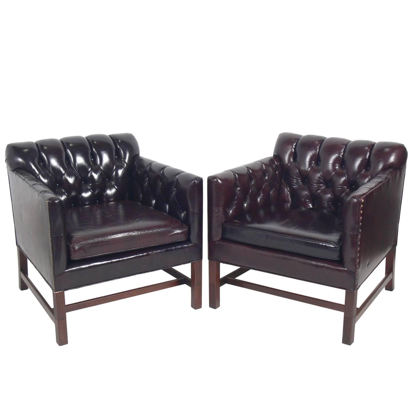 Pair of Tufted Cabernet Leather Lounge Chairs by Kittinger