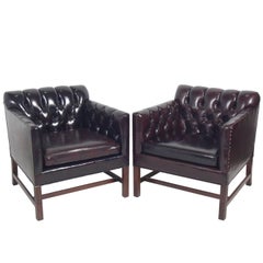 Pair of Tufted Cabernet Leather Lounge Chairs by Kittinger