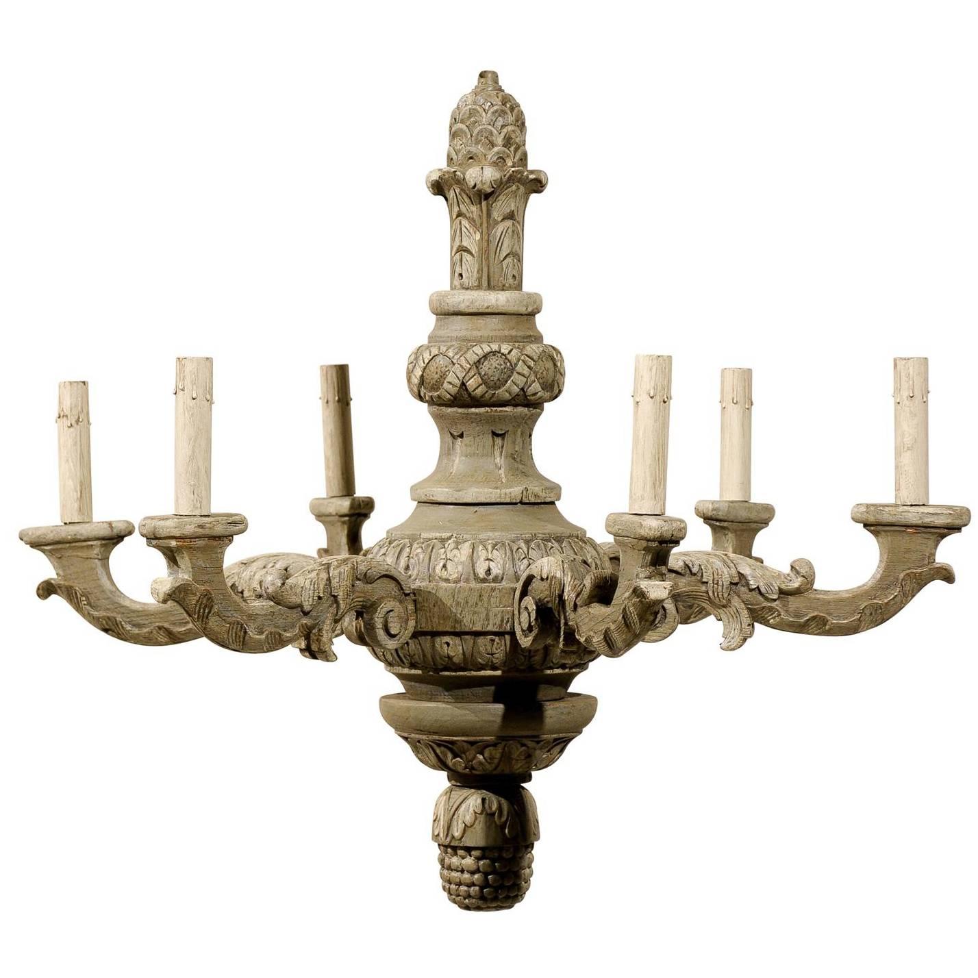 French Six-Light Painted and Carved Wood Chandelier