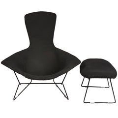 Vintage Bertoia Bird Chair and Ottoman with Full Cover in Classic Black Boucle