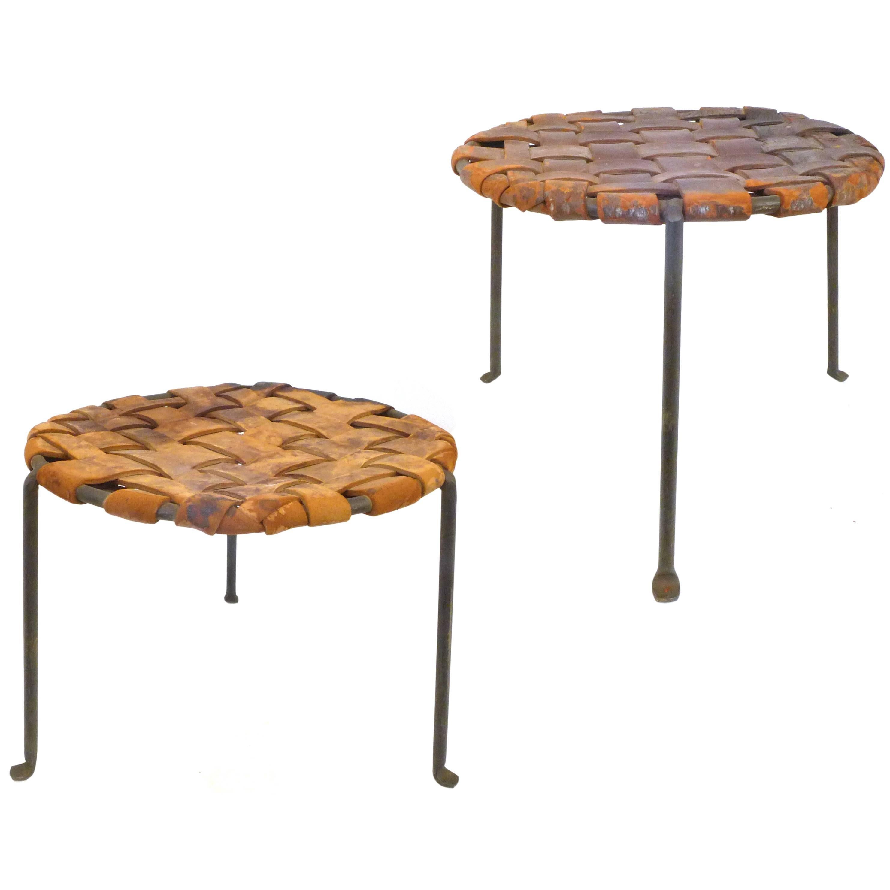 Pair of Iron and Woven Leather Stools by Lila Swift & Donald Monell For Sale