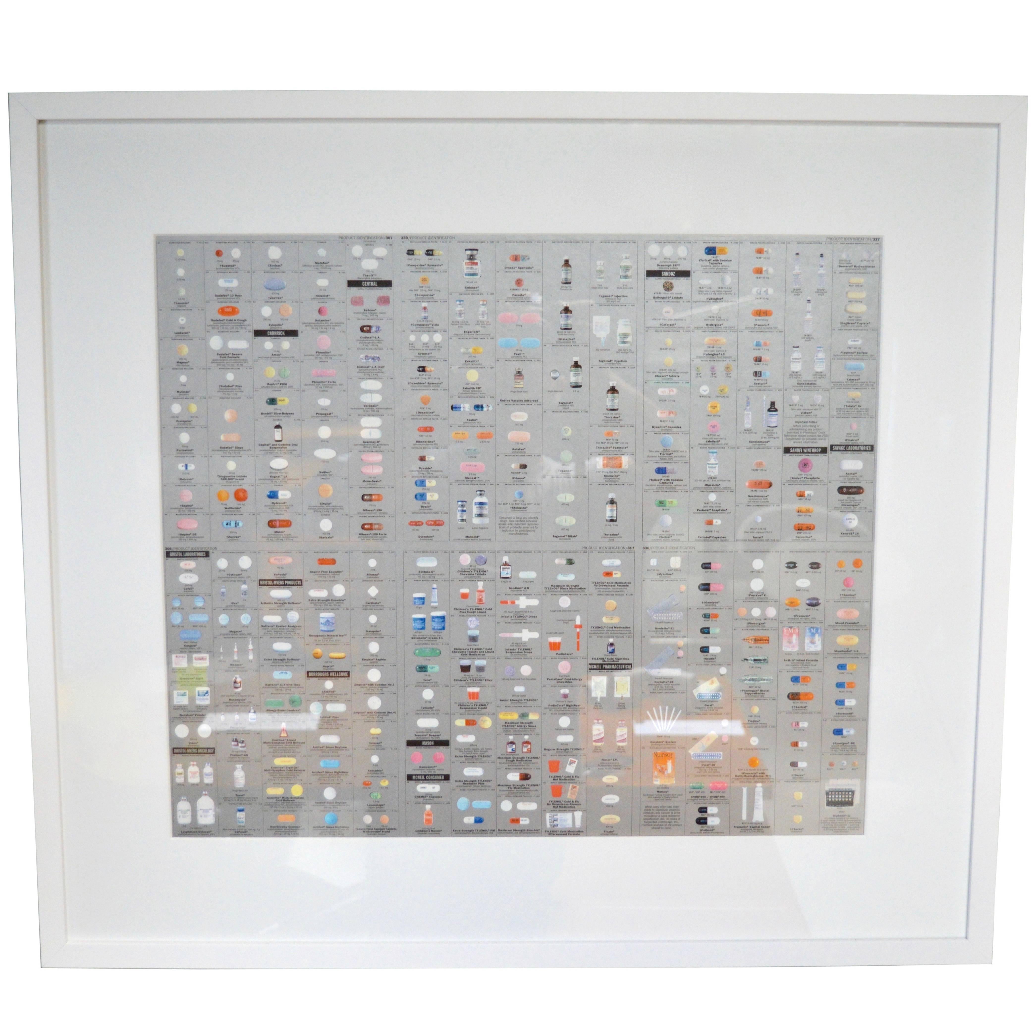 Pharmacy themed wallpaper by Damien Hirst. Wallpaper depicts pills, pill bottles and prescription names. Perfect vintage condition. Newly framed and matted in white with glass. Bronze and silver panels available. Priced individually. 

Actual