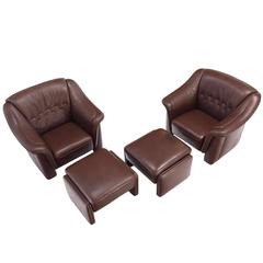 Pair of Brown Leather Lounge Chairs with Ottomans