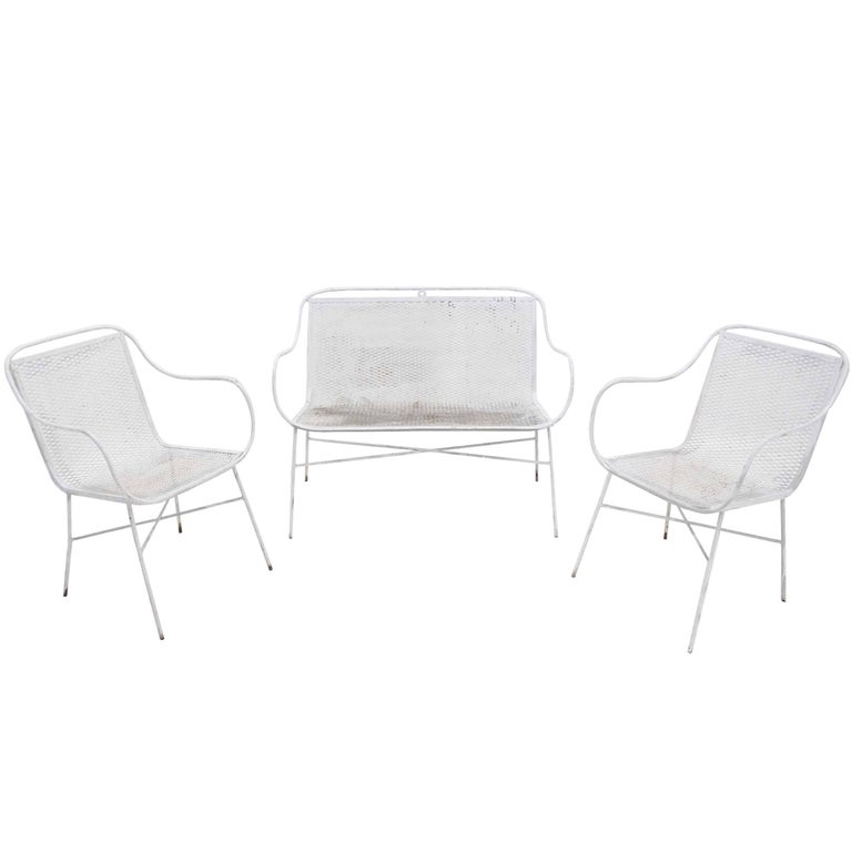Outdoor Metal Loveseat and Pair of Matching Chairs For Sale