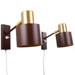 "ALFA" Wall Lamps, Jo Hammerborg Pair of Brass and Brown Wall Sconces, 1963