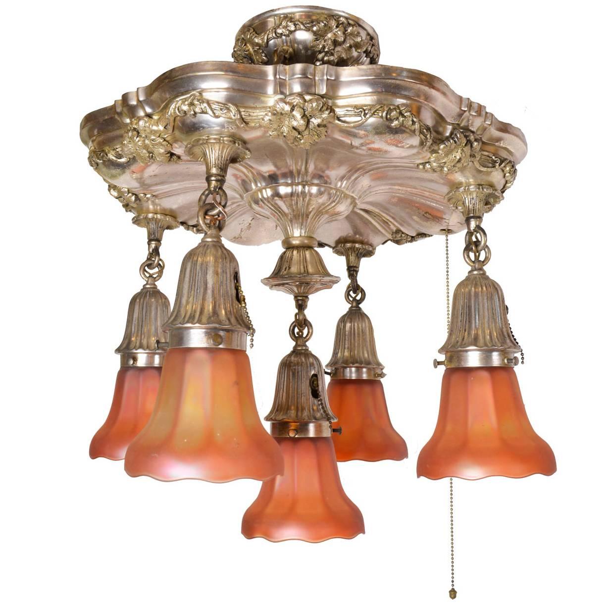 Stunning Silver Plated Five-Light Chandelier with Carnival Glass Shades